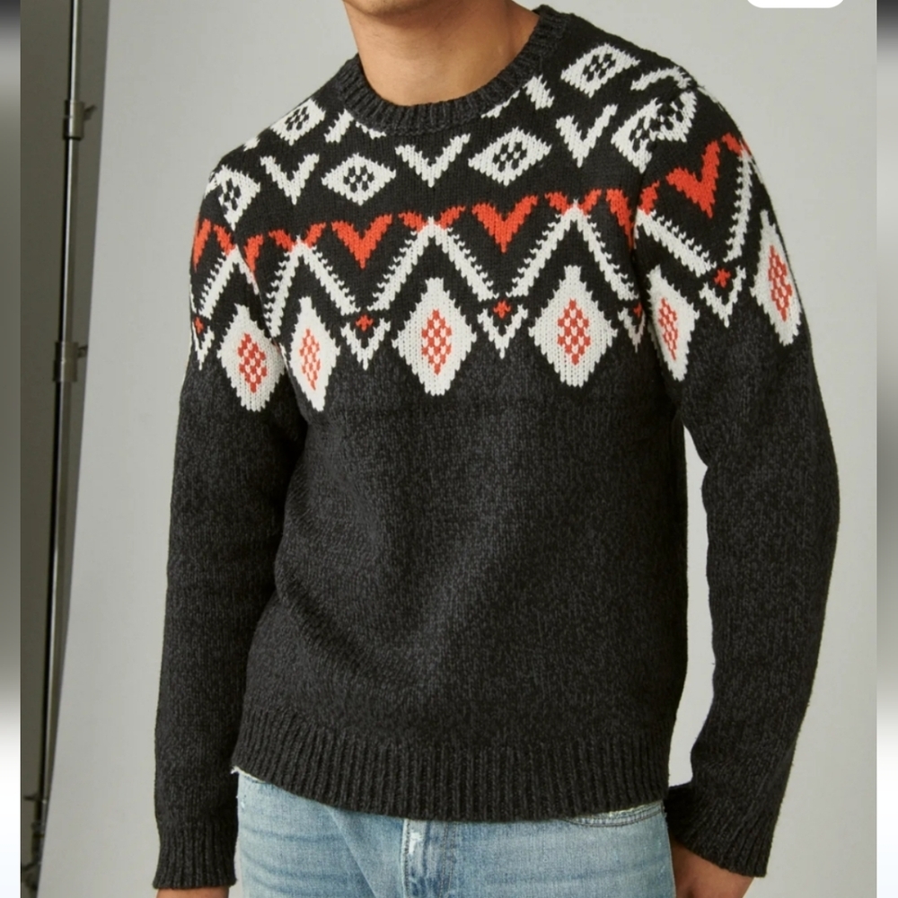 Lucky Brand Fairisle Crew Neck Sweater Heavy Knit Wool Blend Black Multi Size XL